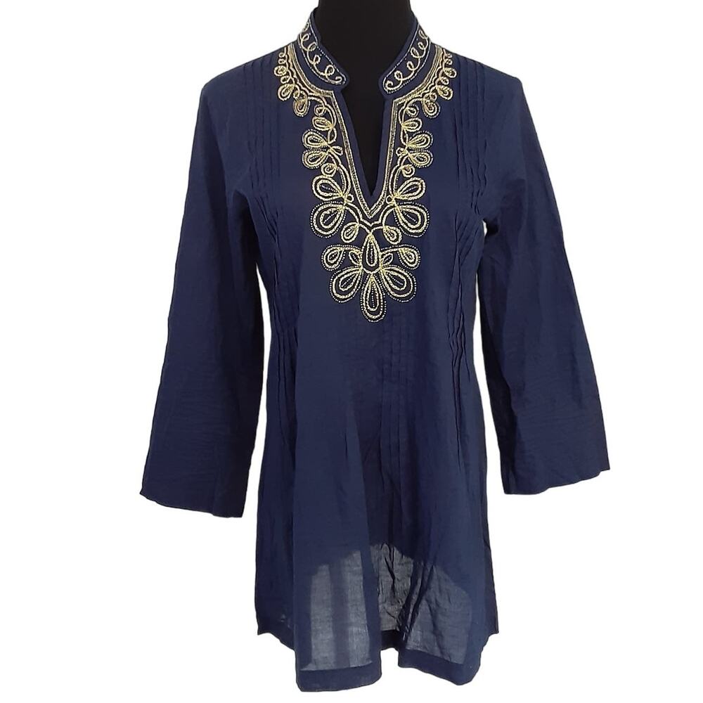 Lilly Pulitzer Sarasota Tunic Top Navy Blue Beaded Soutache Embroidered Womens S